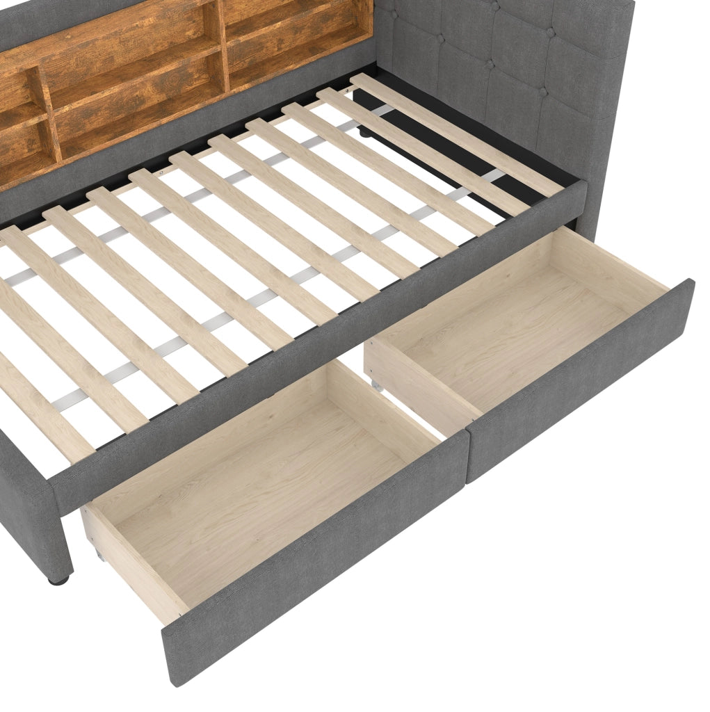 Letto da giorno ULEVR 90x200 cm con 2 cassetti, USB e Type-C, ripiani integrati, lino grigio