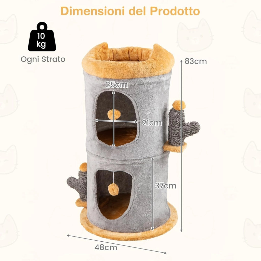 Cuccia per Gatti a 2 Piani, Albero per Gatti con 2 Comode Casette, 2 Palline Pendenti in Peluche, Piattaforma Imbottita in Peluche, Mobile Grotta per Gatti, Nascondiglio a Forma di Barile