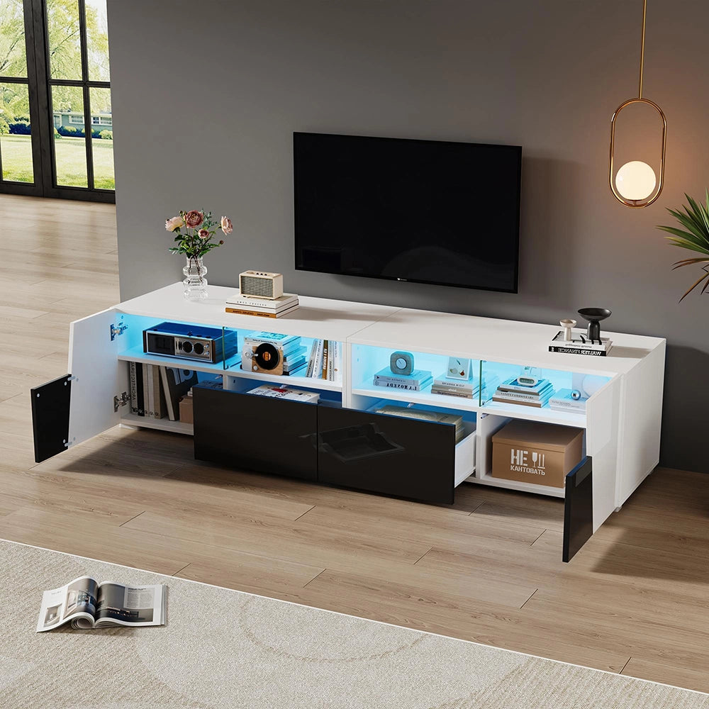 Mobile TV 180x38.5x45cm - Xylo - Luci LED, 2 Ante e 2 Cassetti, Bianco e Nero