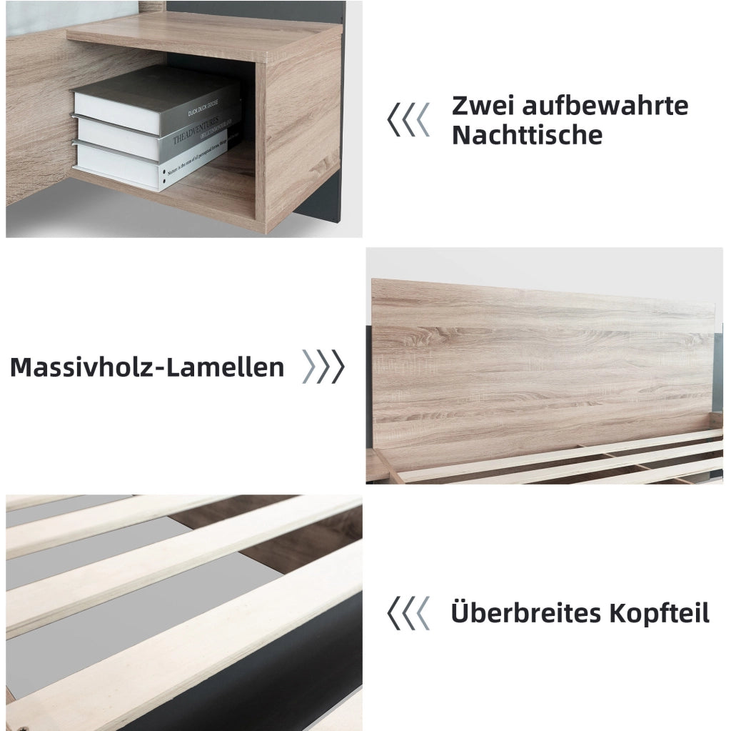 Letto matrimoniale 160x200 cm in legno massello con 2 comodini integrati; Sonoma Eiche e grigio scuro