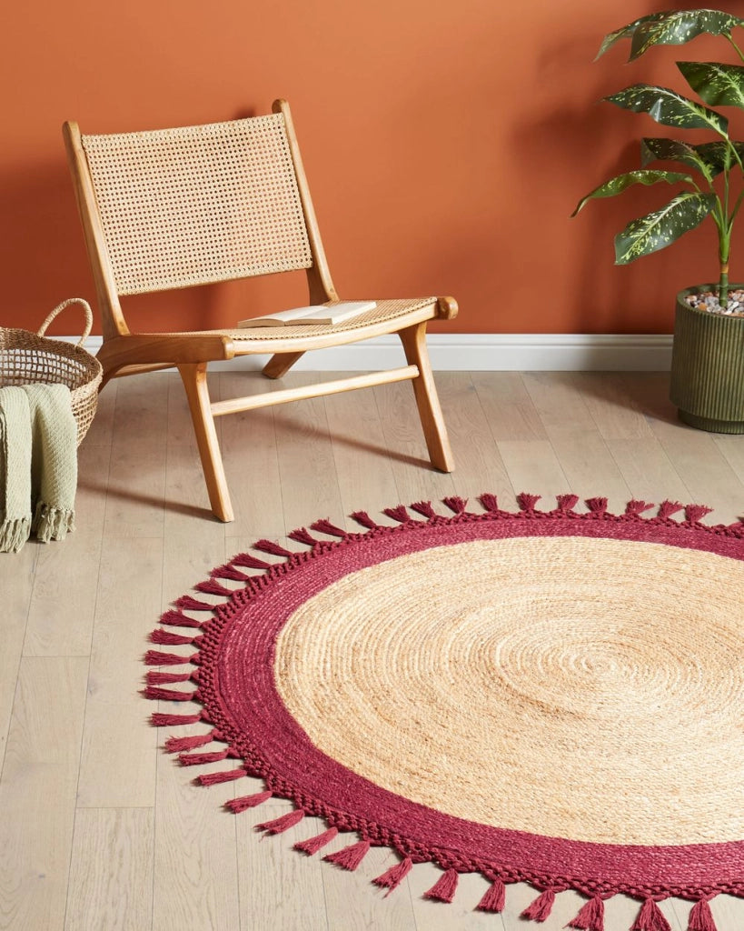 Tappeto Beige e Rosso Rotondo 140 cm Boho Rustico Spirale Intrecciato Fatto a mano Juta Naturale Camera da letto Soggiorno