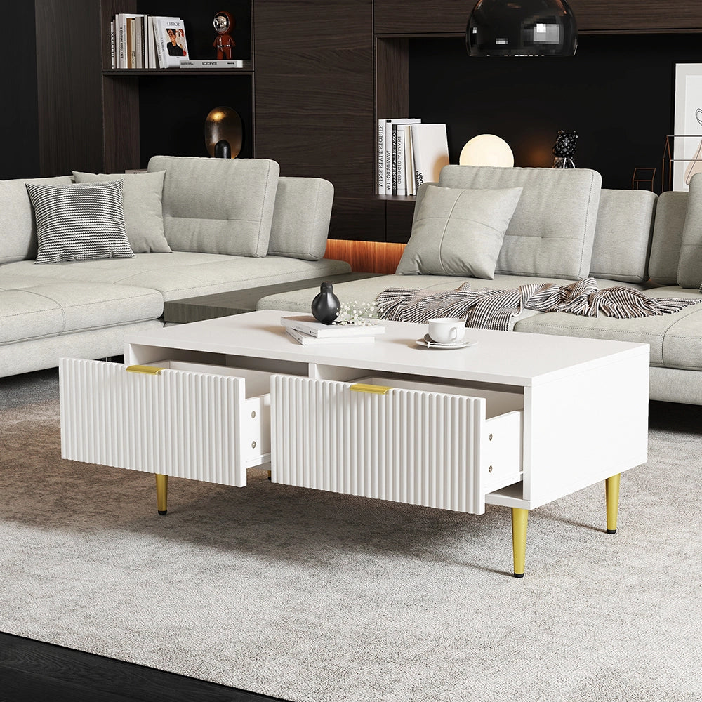 Tavolino moderno con finiture dorate - Xylo - 2 cassetti design strisce verticali 100x50x40cm