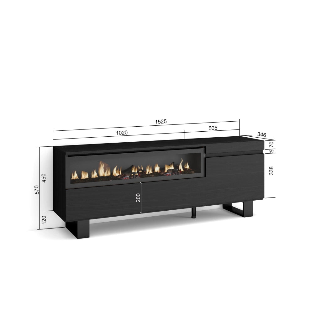 Mobile TV Soggiorno, 150x35x57cm, Per TV fino a 65", Camino elettrico, Design industriale, Nero RF2479