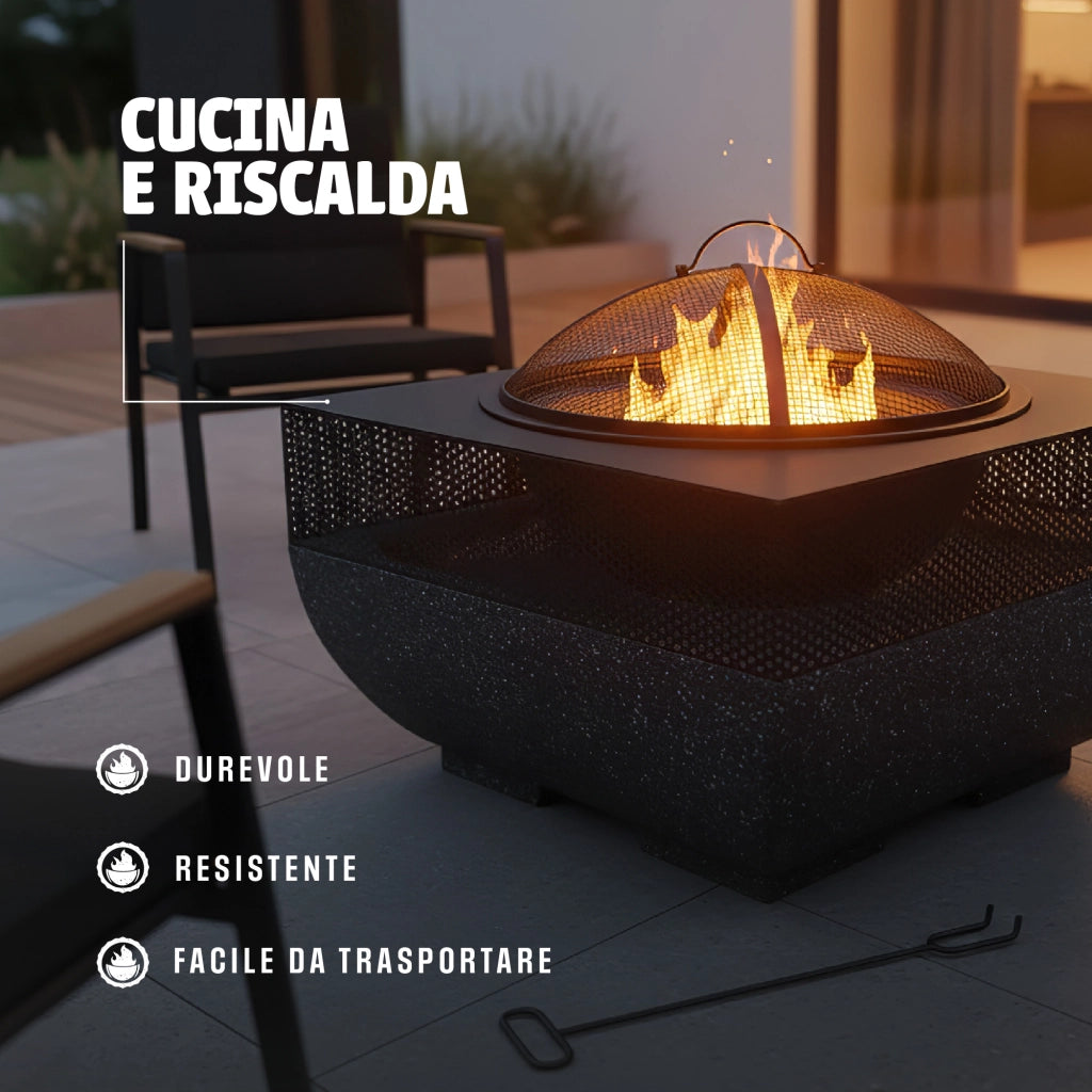 Braciere BBQ 2 in 1 da Esterno – Scalda e Cucina in Giardino con Griglia Inclusa in Acciaio e Pietra Il Gruppone