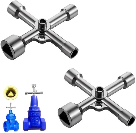 Set di 2 Chiavi a Lame a Tre Angoli - 4 Vie, 5 Dimensioni per Contatori Acqua e Gas