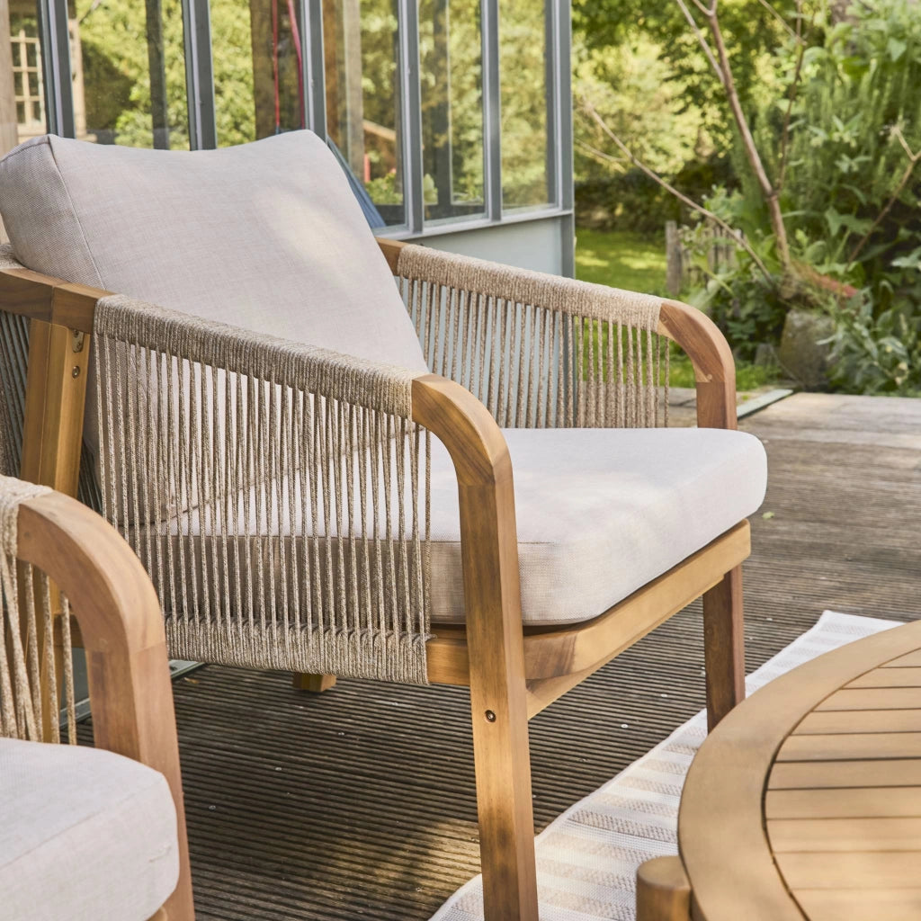 Salotto da giardino in legno di acacia e corde, 7 posti, beige
