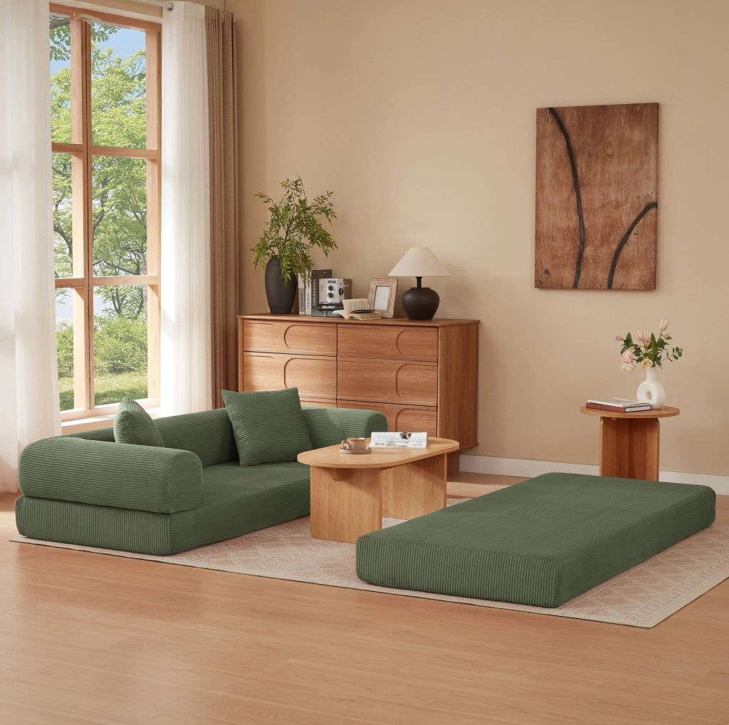 Divano letto modulare verde in velluto con imbottitura in schiuma