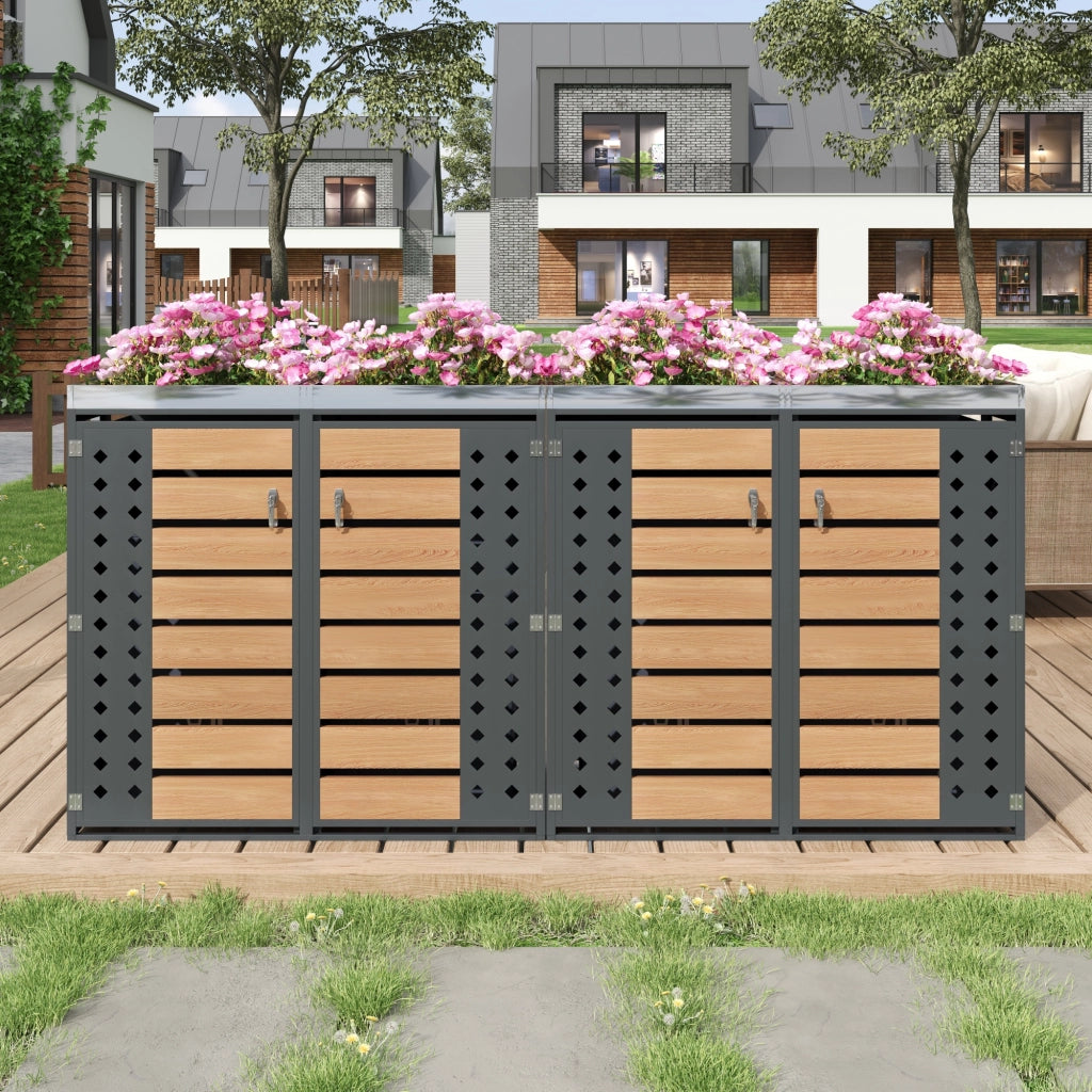 Copribidoni per 4 Contenitori con Ante con Serratura Fioriera Integrata Pannelli Ventilati in Acciaio Grigio