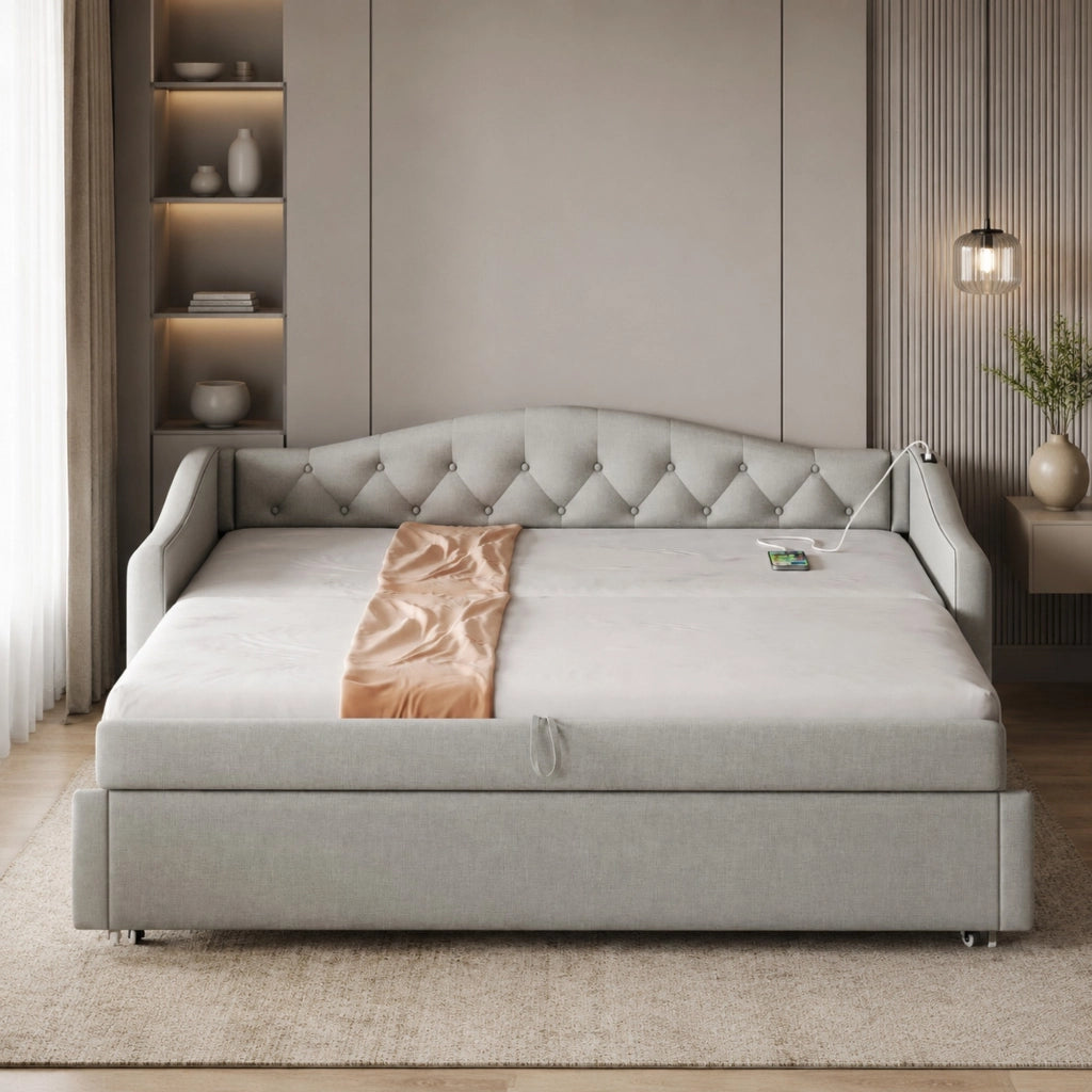 Divano letto estraibile imbottito 90x200 cm con USB; rete a doghe; lino grigio