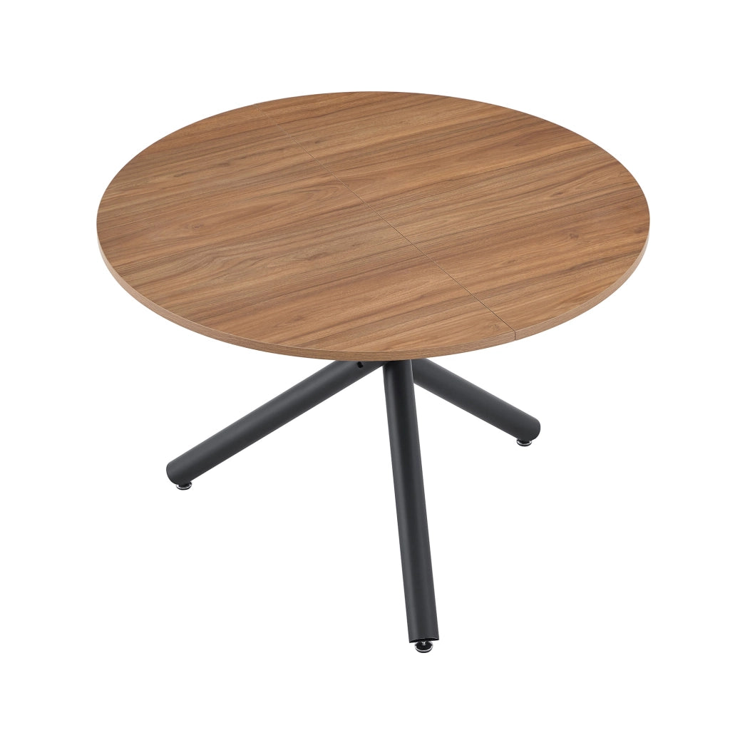Tavolino rotondo moderno in legno e metallo con base a 3 gambe incrociate, colore nero e noce