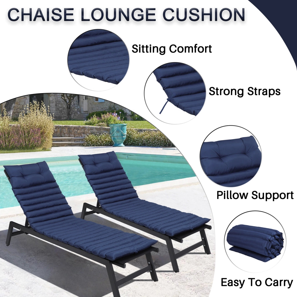 Set di cuscini per lettini da giardino a 2 pezzi in poliestere blu con cinghie regolabili e chiusura con cordino