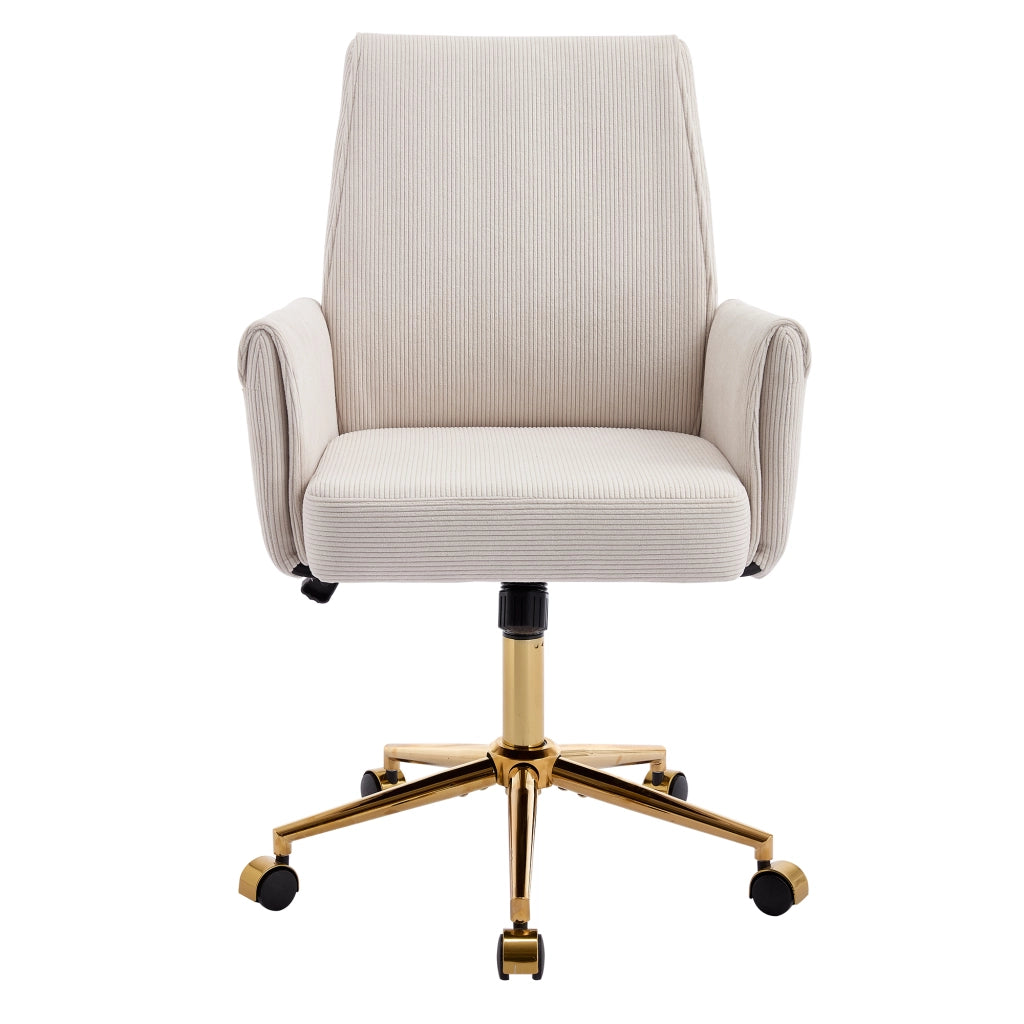 Sedia da ufficio girevole ergonomica con base in metallo dorato e imbottitura in memory foam, in velluto a coste bianco