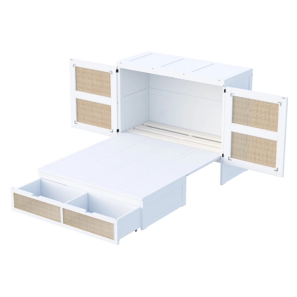 OKWISH Letto a Scomparsa 140×200 cm, Letto Matrimoniale con Cassetti, Ante in Rattan e Vano Contenitore, senza Materasso, Bianco