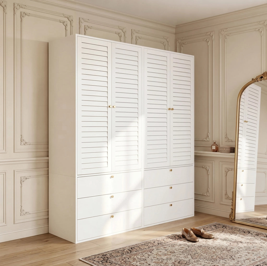 Armadio 4 ante con 6 cassetti e 2 aste appendiabiti; bianco; 180x50x200 cm