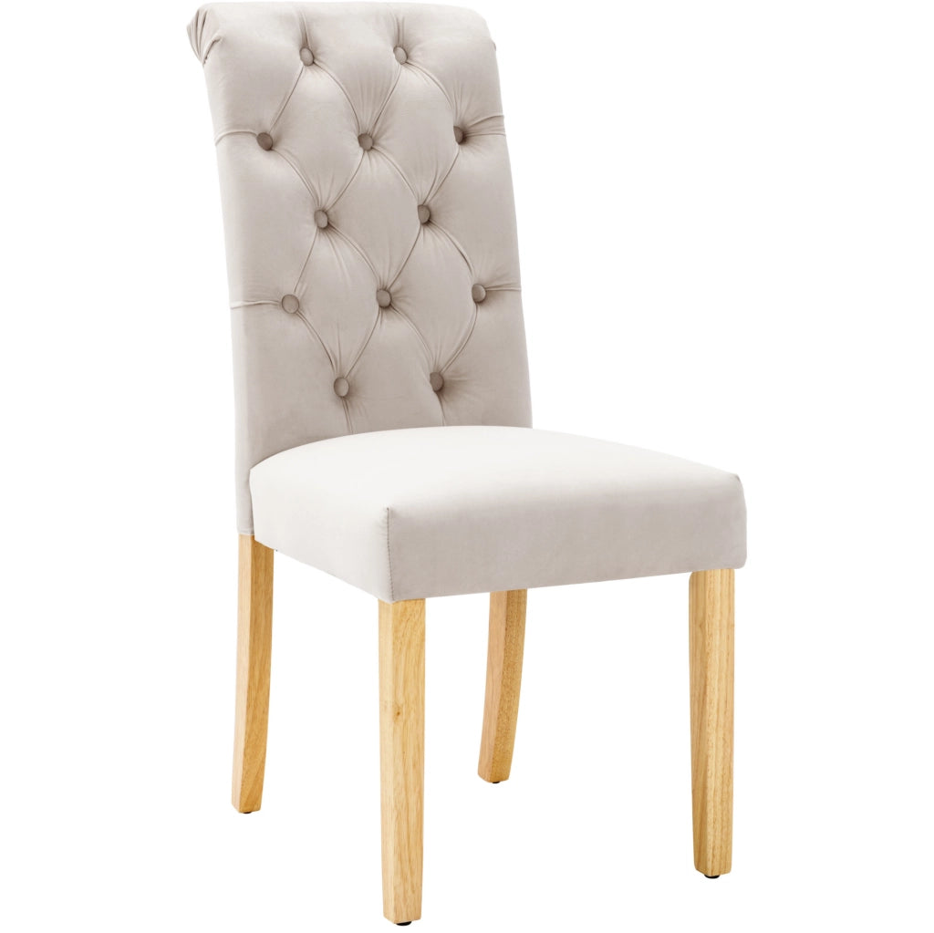 Set di 6 sedie da pranzo in velluto con gambe in legno di quercia; beige