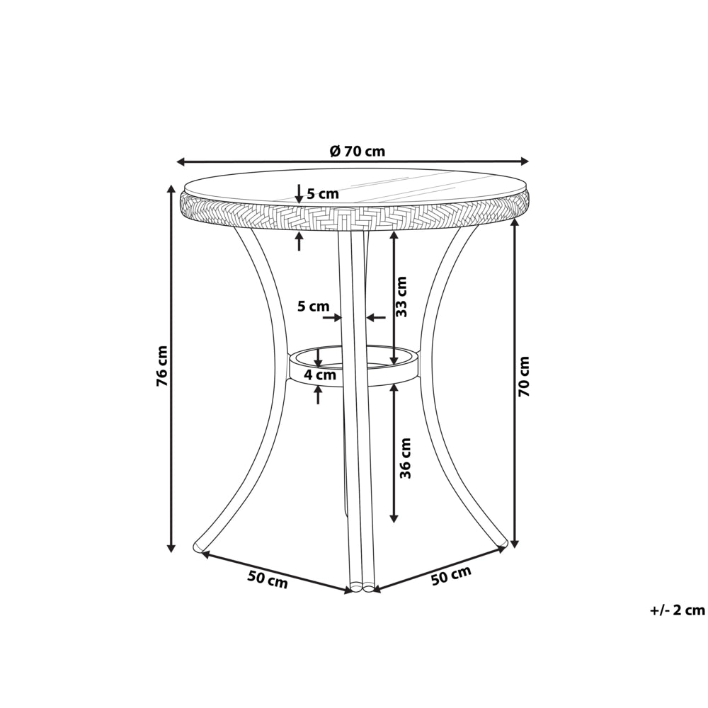Tavolo da giardino Piano in rattan sintetico Blu e Bianco ø 70 cm Struttura in Vetro e Alluminio