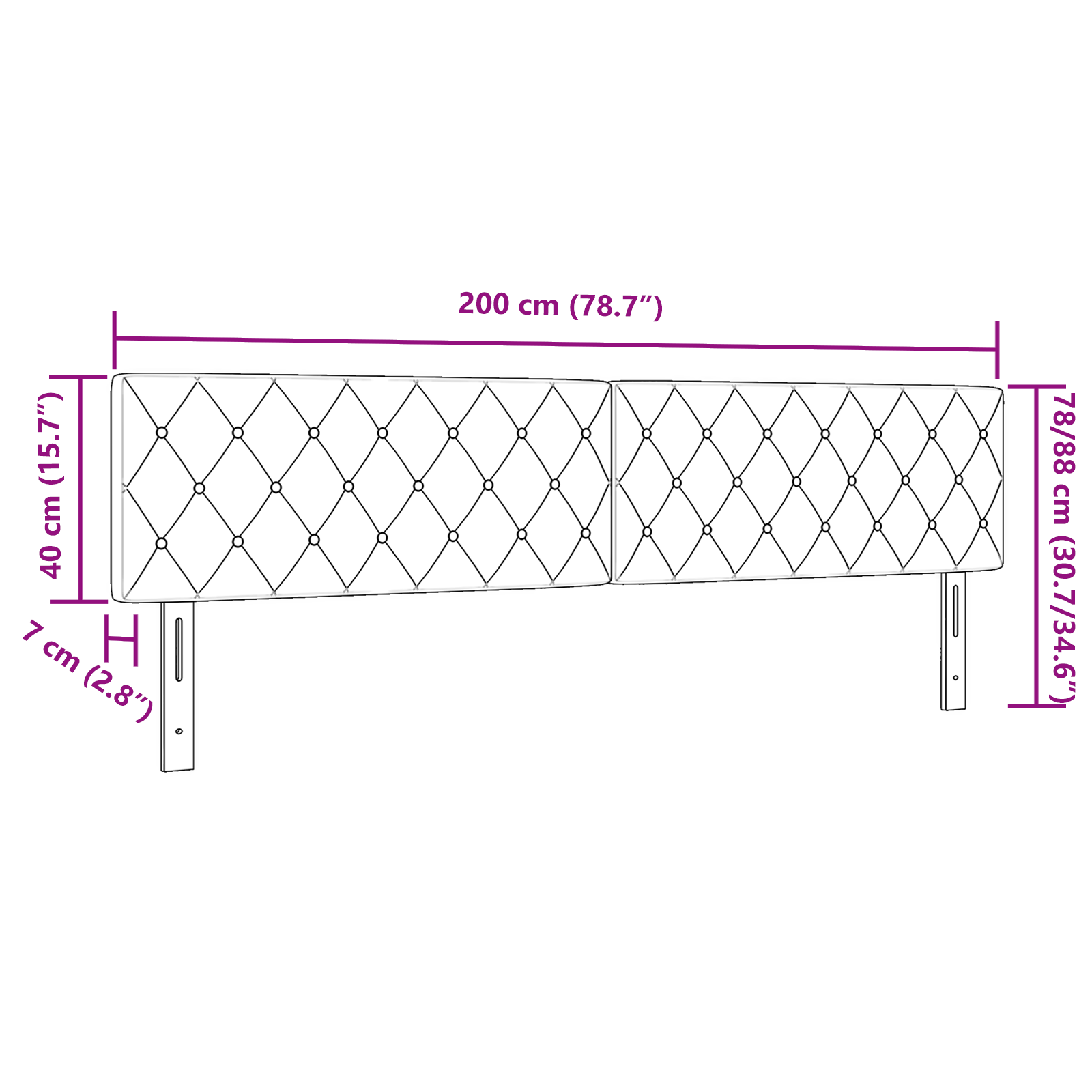 Testiera  con bottoni in cristallo, tufted, rosa, 200 cm, velluto