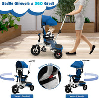 Triciclo per Bambini, Triciclo Pieghevole con Sedile Reversibile, Cappottina e Maniglia Regolabile, Ringhiera Rimovibile, Poggiapiedi Pieghevole, Passeggino Multifunzionale per 1-5 Anni(Blu)