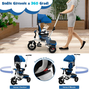 Triciclo per Bambini, Triciclo Pieghevole con Sedile Reversibile, Cappottina e Maniglia Regolabile, Ringhiera Rimovibile, Poggiapiedi Pieghevole, Passeggino Multifunzionale per 1-5 Anni(Blu)