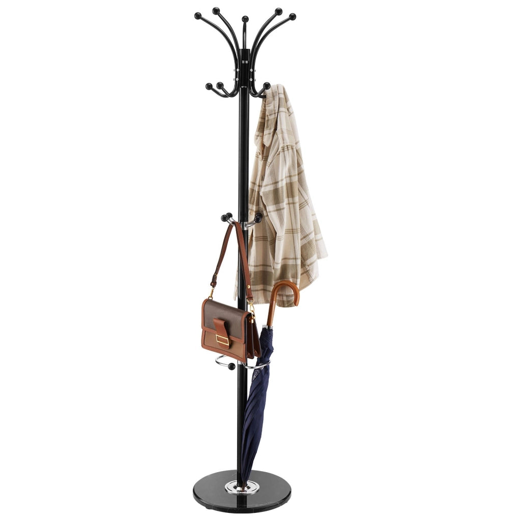 Appendiabiti da Terra GH-8617 con Portaombrelli, 14 Ganci, Base in Marmo Nero e Acciaio, Robusto per Ingresso Casa, 370 x 370 x 1760 mm