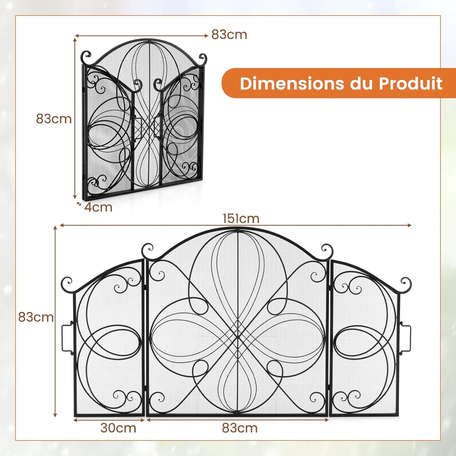 Pare Feu Cheminée Pliable 3 Panneaux, Écran de Cheminée en Fer Forgé, 151 x 83 cm, Pare-étincelles en Maille Design Fleur, Aucun assemblage, Grille de Protection pour Poêle