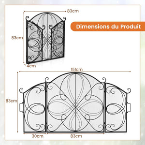 Pare Feu Cheminée Pliable 3 Panneaux, Écran de Cheminée en Fer Forgé, 151 x 83 cm, Pare-étincelles en Maille Design Fleur, Aucun assemblage, Grille de Protection pour Poêle
