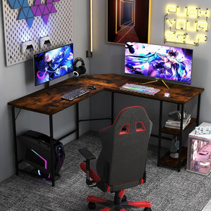 Scrivania Angolare 138 CM, Scrivania ad Angolo con 2 Prese, 2 Porte USB, Telaio in Acciaio al Carbonio e Ripiano a 2 Livelli Rimovibile, Scrivania Salvaspazio da Ufficio e Casa (Marrone)