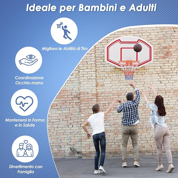 Tabellone Basket a Muro Interno ed Esterno, Canestro da Basket a Parete con Tabellone Anti-Rottura da 91 x 61 cm, Rete Resistente e Cerchio Standard da 45 cm