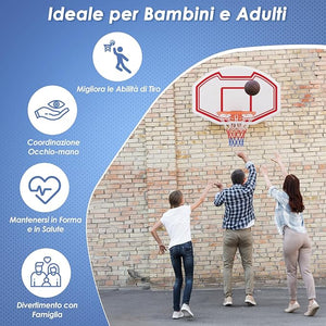 Tabellone Basket a Muro Interno ed Esterno, Canestro da Basket a Parete con Tabellone Anti-Rottura da 91 x 61 cm, Rete Resistente e Cerchio Standard da 45 cm