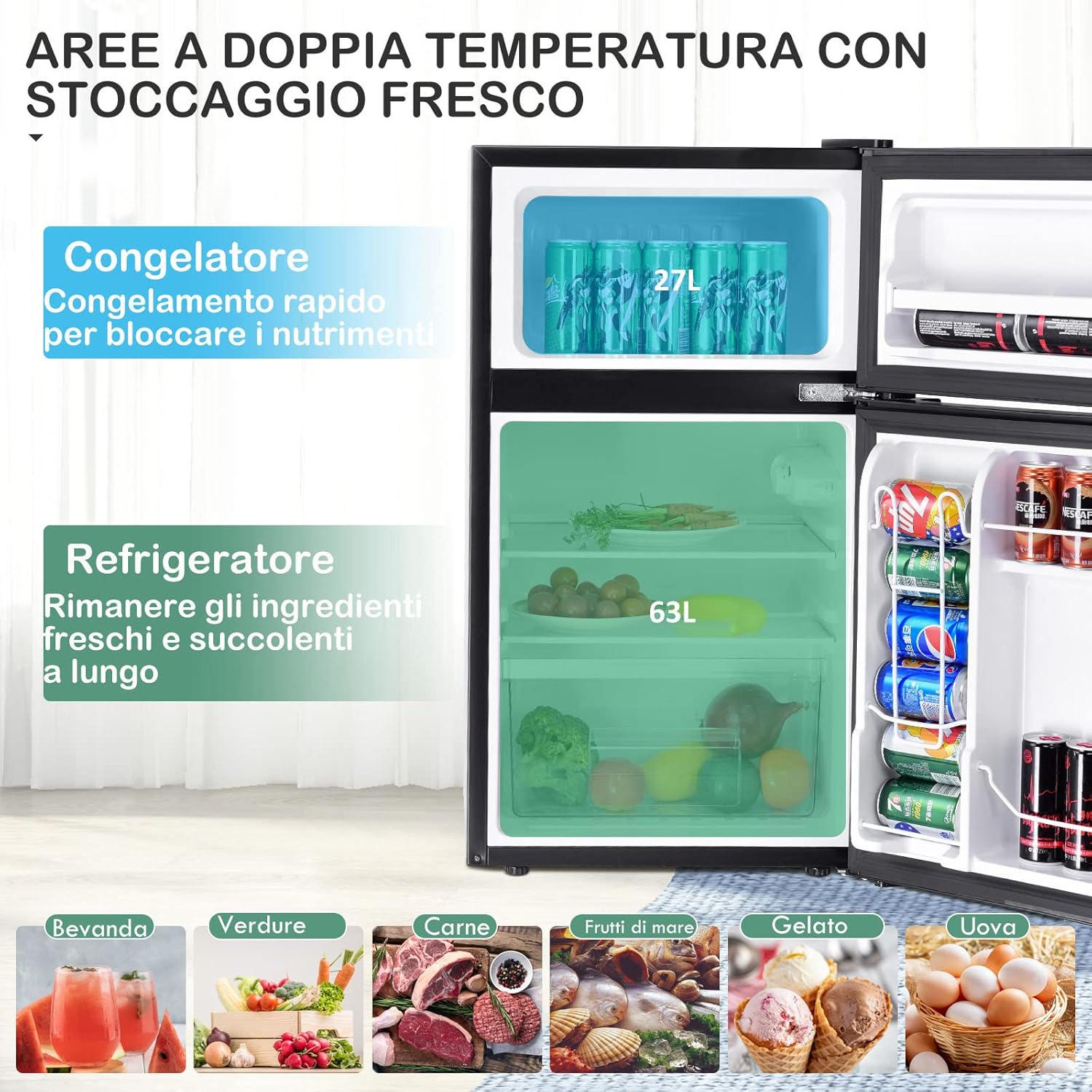 Frigorifero 90 L (27+63), Freezer Separato con 2 Ante e Luce LED, Refrigerazione Rapida, Silenzioso, Mini Frigo per Ufficio Casa Bar Hotel, 220-240 V/50 Hz (Nero) [Classe di efficienza energetica E]
