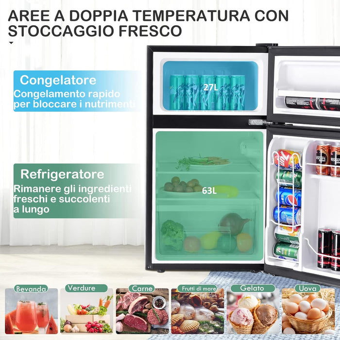 Frigorifero 90 L (27+63), Freezer Separato con 2 Ante e Luce LED, Refrigerazione Rapida, Silenzioso, Mini Frigo per Ufficio Casa Bar Hotel, 220-240 V/50 Hz (Nero) [Classe di efficienza energetica E]