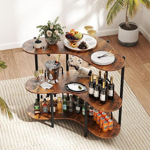 Tavolo da Bar 120 x 66 x 102 cm, Portabottiglie Vino a 3 Ripiani con Portabicchieri e Mensole di Stoccaggio, Isola Cucina Industriale per Bistro (Marrone)