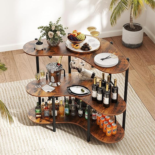 Tavolo da Bar 120 x 66 x 102 cm, Portabottiglie Vino a 3 Ripiani con Portabicchieri e Mensole di Stoccaggio, Isola Cucina Industriale per Bistro (Marrone)