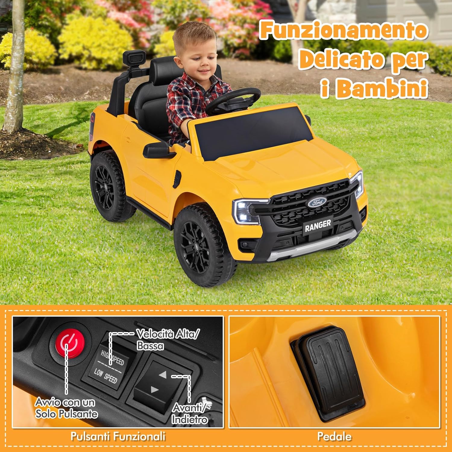Ford Ranger Auto Elettrica 12V per Bambini, con Telecomando, USB, Clacson, 2 Modalità di Guida, Connessione Wireless, Partenza Progressiva, per Bambini da 3 a 6 Anni