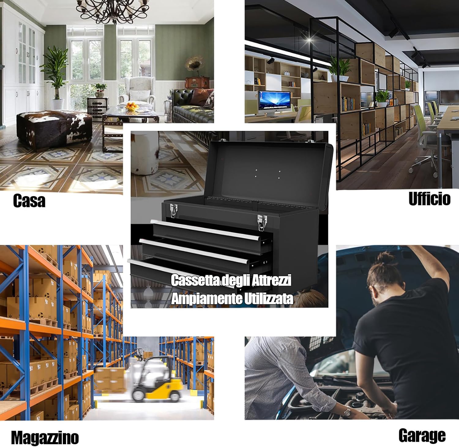 Cassetta Portautensili, Valigetta per Attrezzi con 3 Cassetti + Vassoio, 52 x 21,5 x 30 cm (Nero)