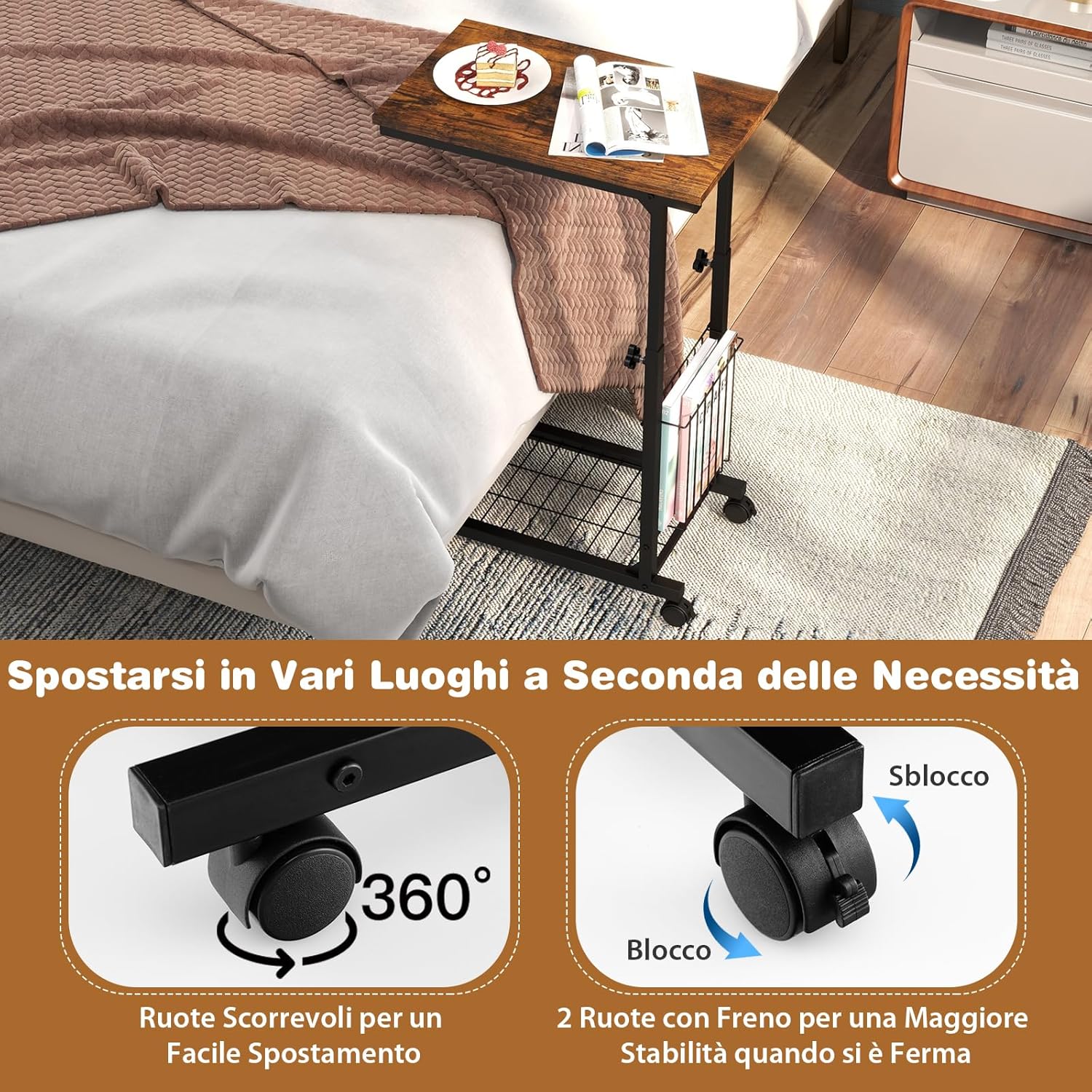 Tavolino da Salotto Moderno, Tavolino Basso Regolabile in Altezza con Ruote e Cestino Portaoggetti, Tavolino Porta PC a Forma di C da Divano e Letto per Soggiorno e Camera da Letto (Marrone)