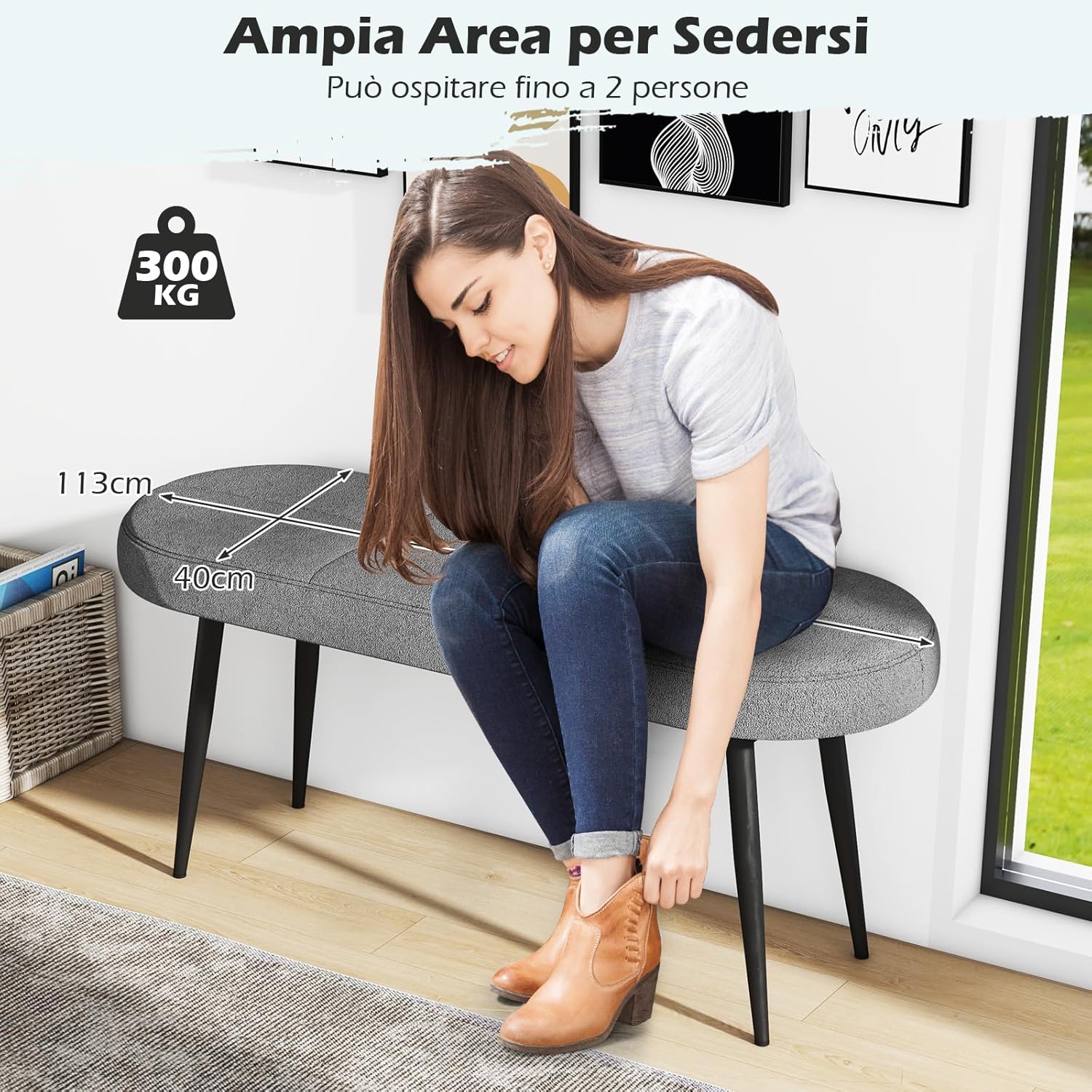 Panca Scarpiera da 113 cm, Panca da Ingresso con Cuscino Imbottito in Spugna e Gambe Metalliche Solide, Panca Fondo Letto per Soggiorno Camera da Letto, Carico 300 kg (Grigio)