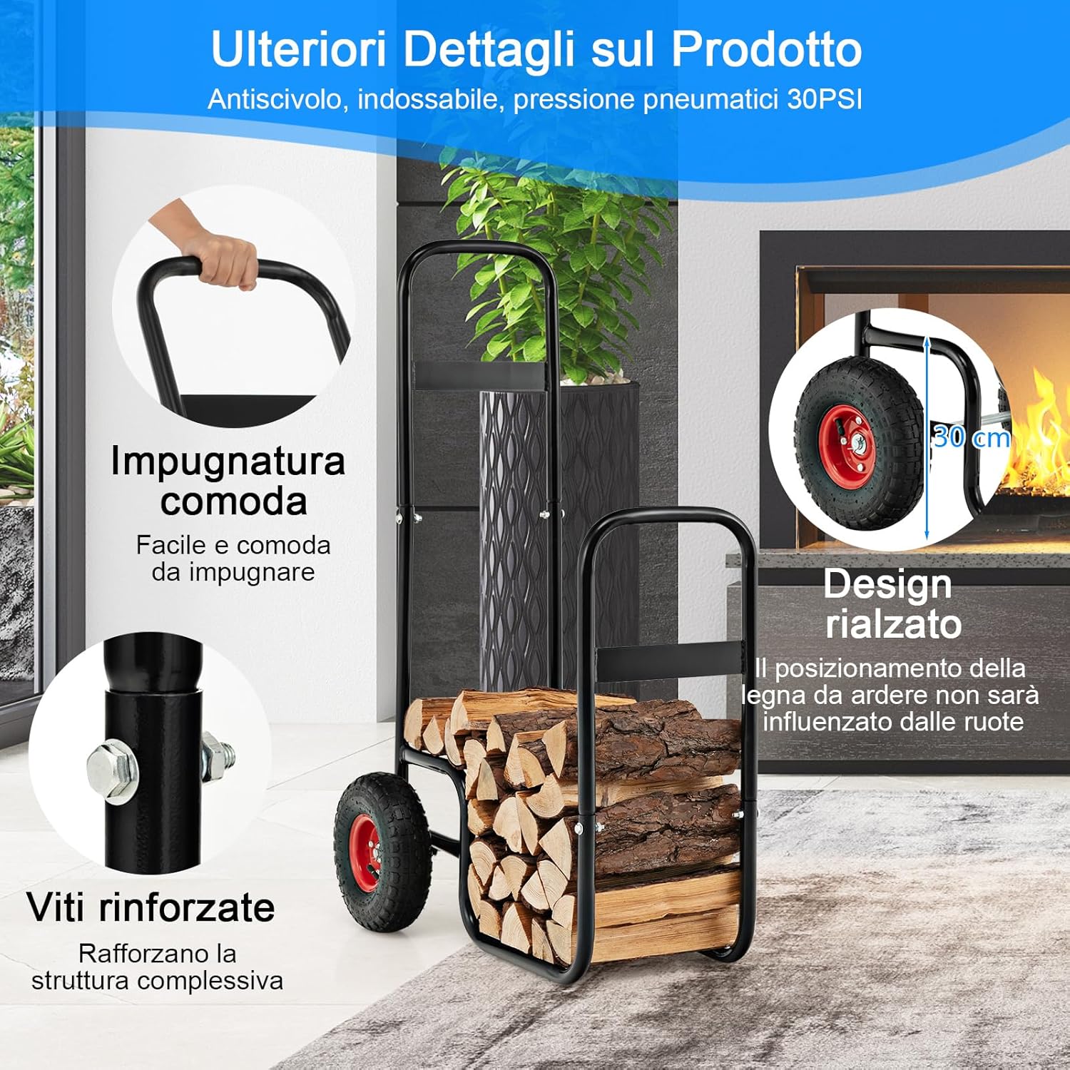 Porta Legna da Ardere, Carrello Portalegna da Ardere con Ruote in Gomma Antiusura e Antiurto, Carrello Porta Legna per Esterni e Interni, Portata 100 kg, 66 x 51 x 111 cm