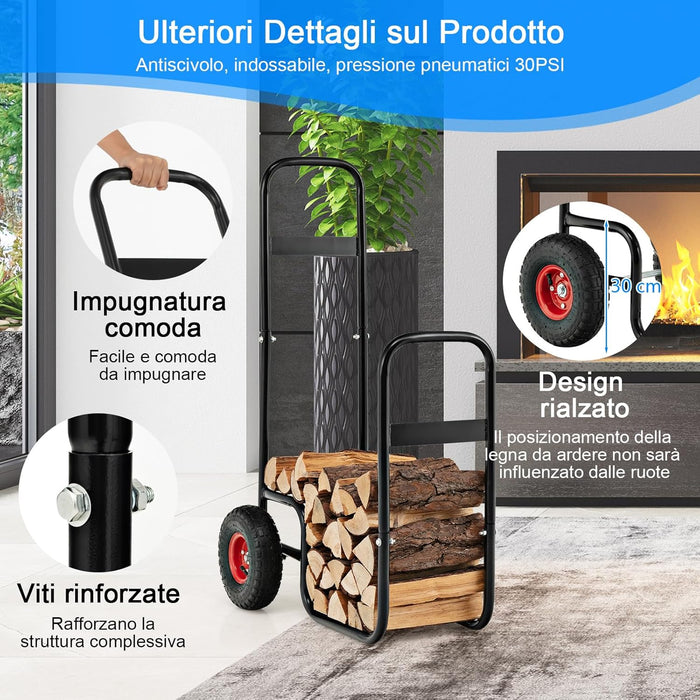 Porta Legna da Ardere, Carrello Portalegna da Ardere con Ruote in Gomma Antiusura e Antiurto, Carrello Porta Legna per Esterni e Interni, Portata 100 kg, 66 x 51 x 111 cm