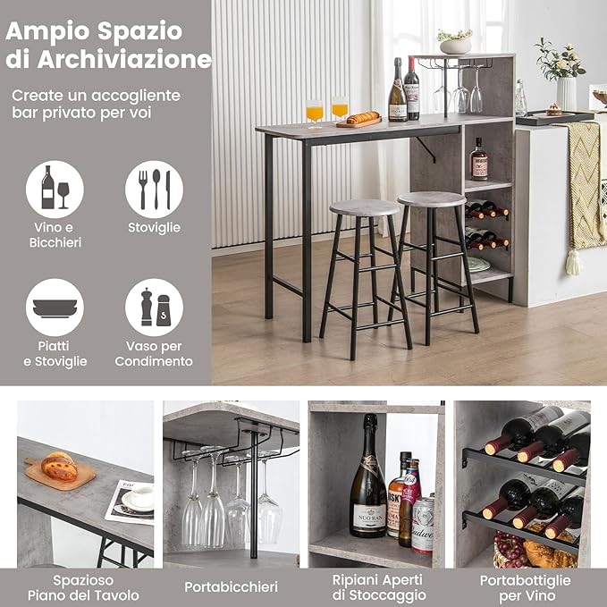 Set 3 Pezzi Tavolo e Sedie da Bar, Tavolo e Sgabelli da Pub Industriale con Porta Calici e 6 Portabottiglie da Vino, Set di Tavolo per Sala da Pranzo, Ristorante e Bar (Grigio)