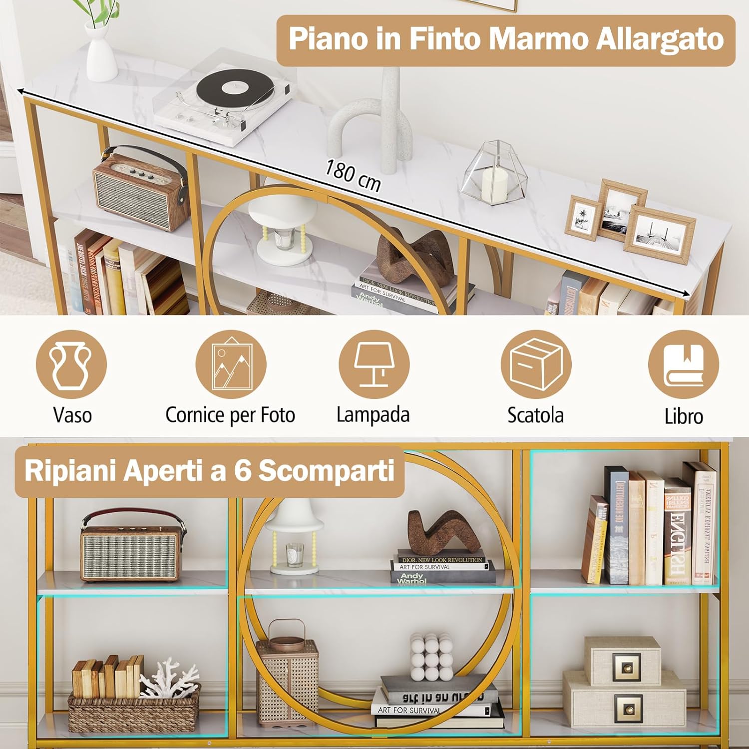 Tavolo Consolle a 3 Piani, Tavolo d’Ingresso con Piano in Legno, Struttura in Metallo e Ripiani, Tavolo per Corridoio, Soggiorno e Ingresso, 180 x 30 x 90 cm (Bianco e oro)