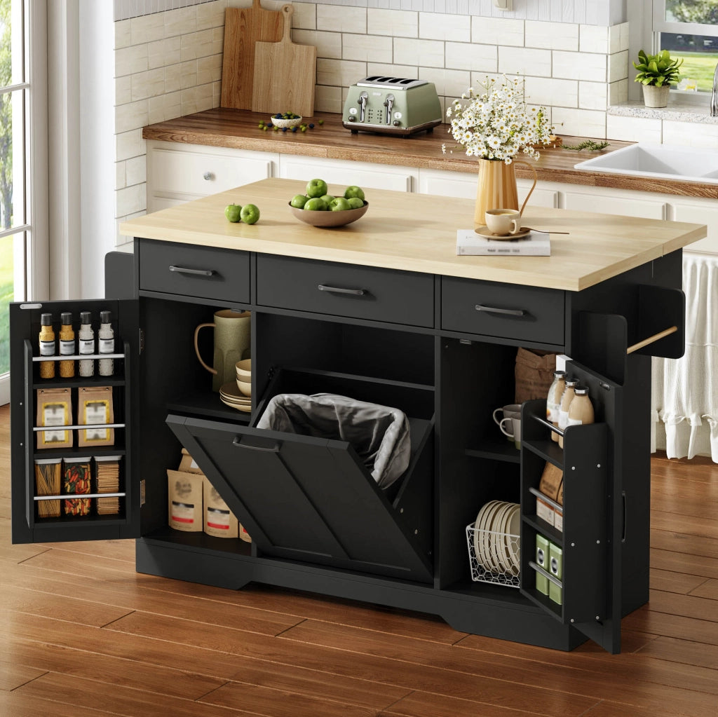 Isola cucina con piano ribaltabile 120x70x87 cm in MDF nero; carrello con ruote e porta spezie