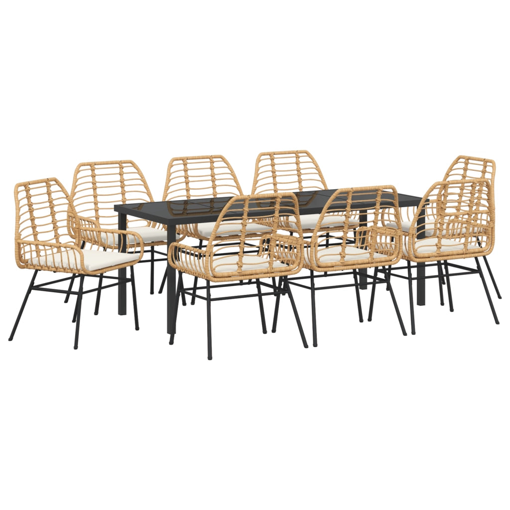 Set da pranzo da giardino 9 pezzi con cuscini marroni in polyrattan