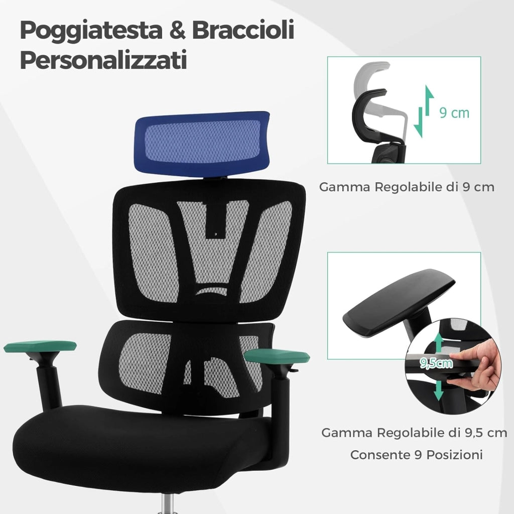 Sedia da Ufficio Ergonomica, Sedia da Scrivania Regolabile e Inclinabile, Sedia Girevole in Rete Traspirante, con Poggiatesta e Braccioli Regolabili, 72 x 72 x 117-126,5 cm