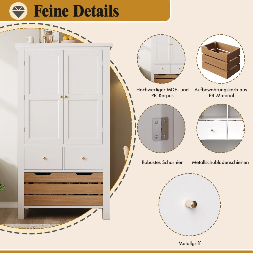 Credenza Cucina Alta con 2 Ante; 5 Cassetti e 2 Ripiani Fissi per Cucina in MDF 80×40×140 cm Bianco