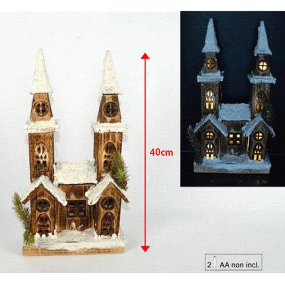 Trade Shop - Casetta Legno Innevata Luminosa Con 2 Torri Altezza 40 Cm Decorazioni Natalizie -