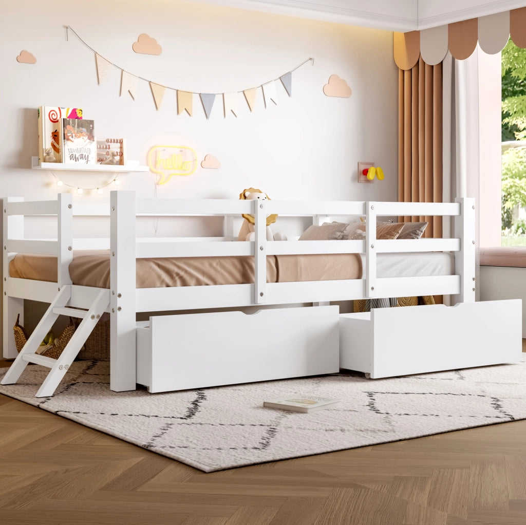 Letto piattaforma 90 x 200 cm con sponde protettive e 2 cassetti bianco
