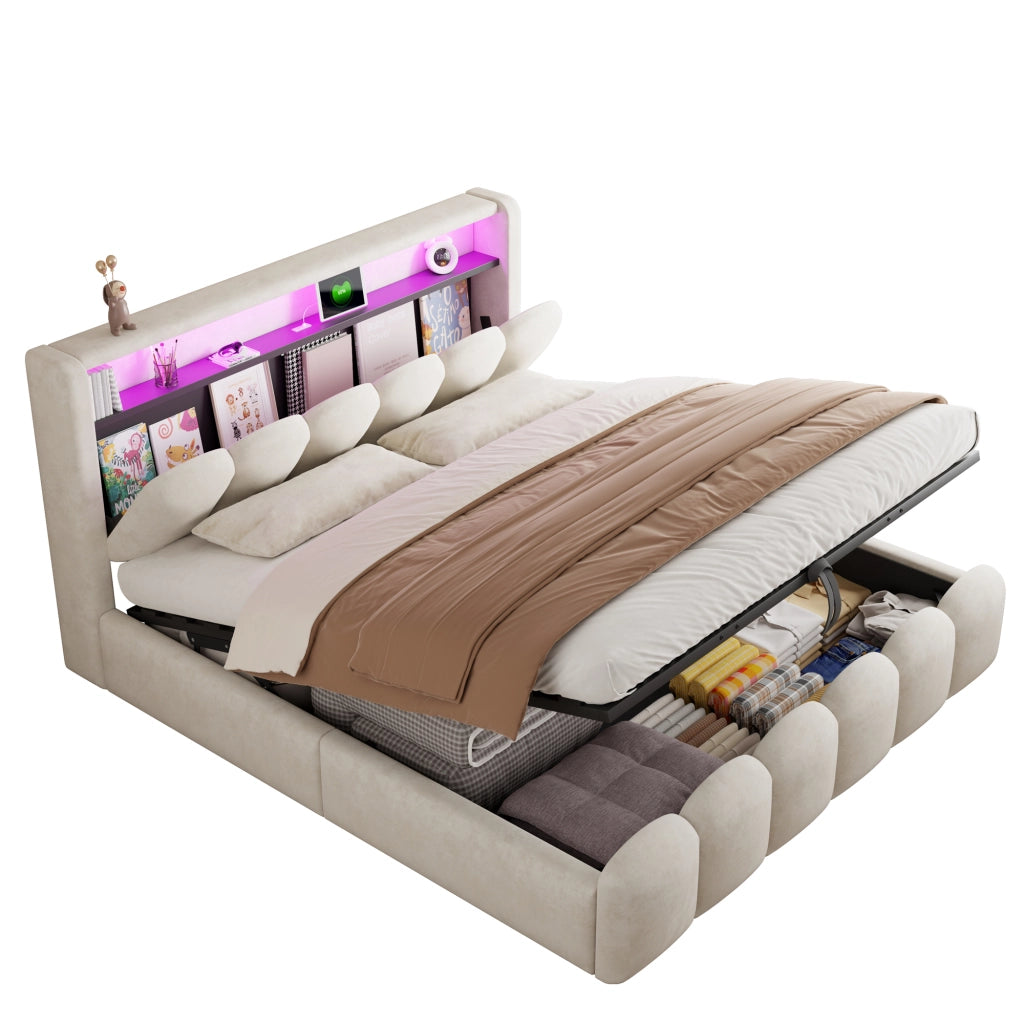 Letto Contenitore Matrimoniale 180x200 cm; USB; Type-C; LED; in Velluto - Beige