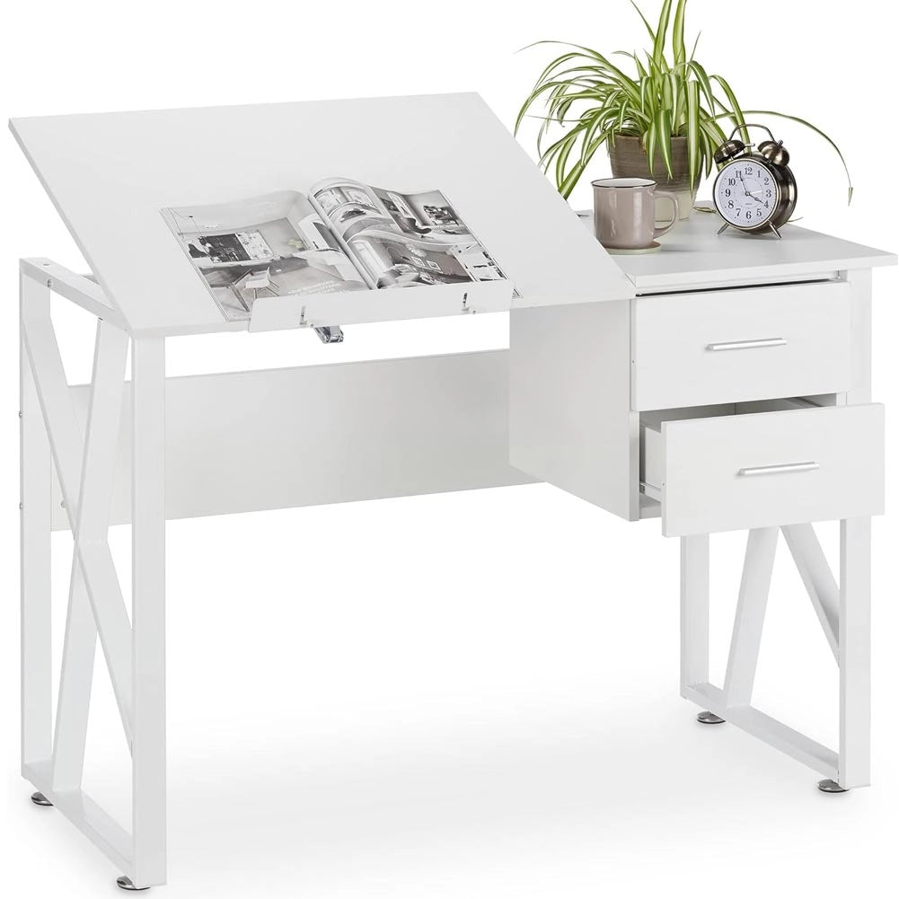 Scrivania Piano Reclinabile Cassettiera 2 Cassetti Tavolo Porta PC Computer Bian