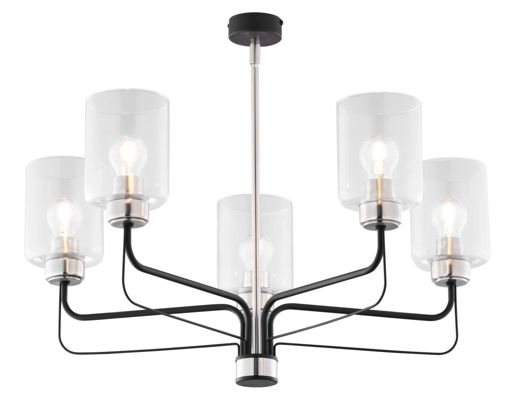 Lampadario CERES nero nichel 5xE27 vetro trasparente Jupiter